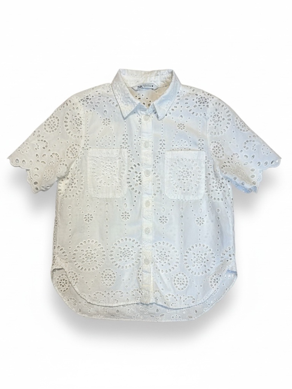 Zara White Eyelet Button-Down Short Sleeve Shirt